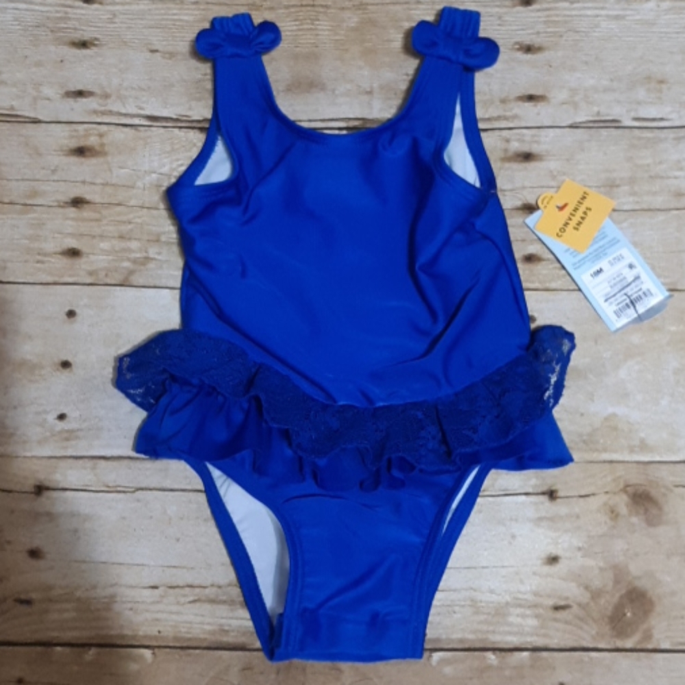 Cat & Jack 1 piece blue swimsuit ruffle bows snaps
